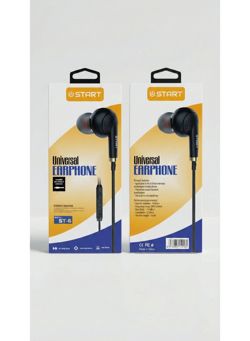 ستارت سماعة أذن سلكية يونيفرسال ST-6 من ستارت (START) - ميكروفون مدمج، صوت ستيريو HiFi ببيز قوي، درايفر 14.2 ملم، سلك طويل 155 سم - أسود - Image 4